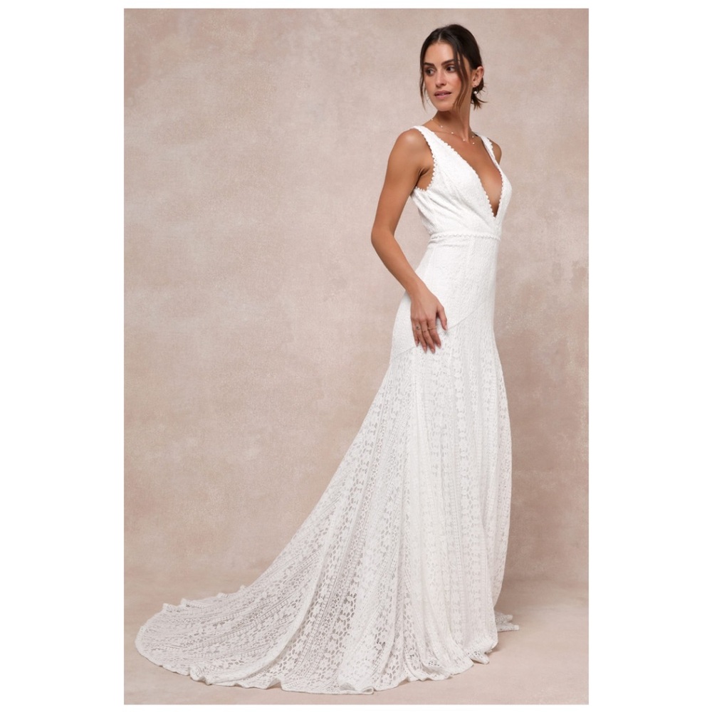 Lulu's White Lace V-Neck Wedding Dress with Train